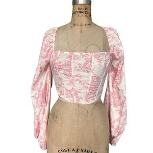 Pink Floral Corset Crop Top with Puff Sleeves Size S